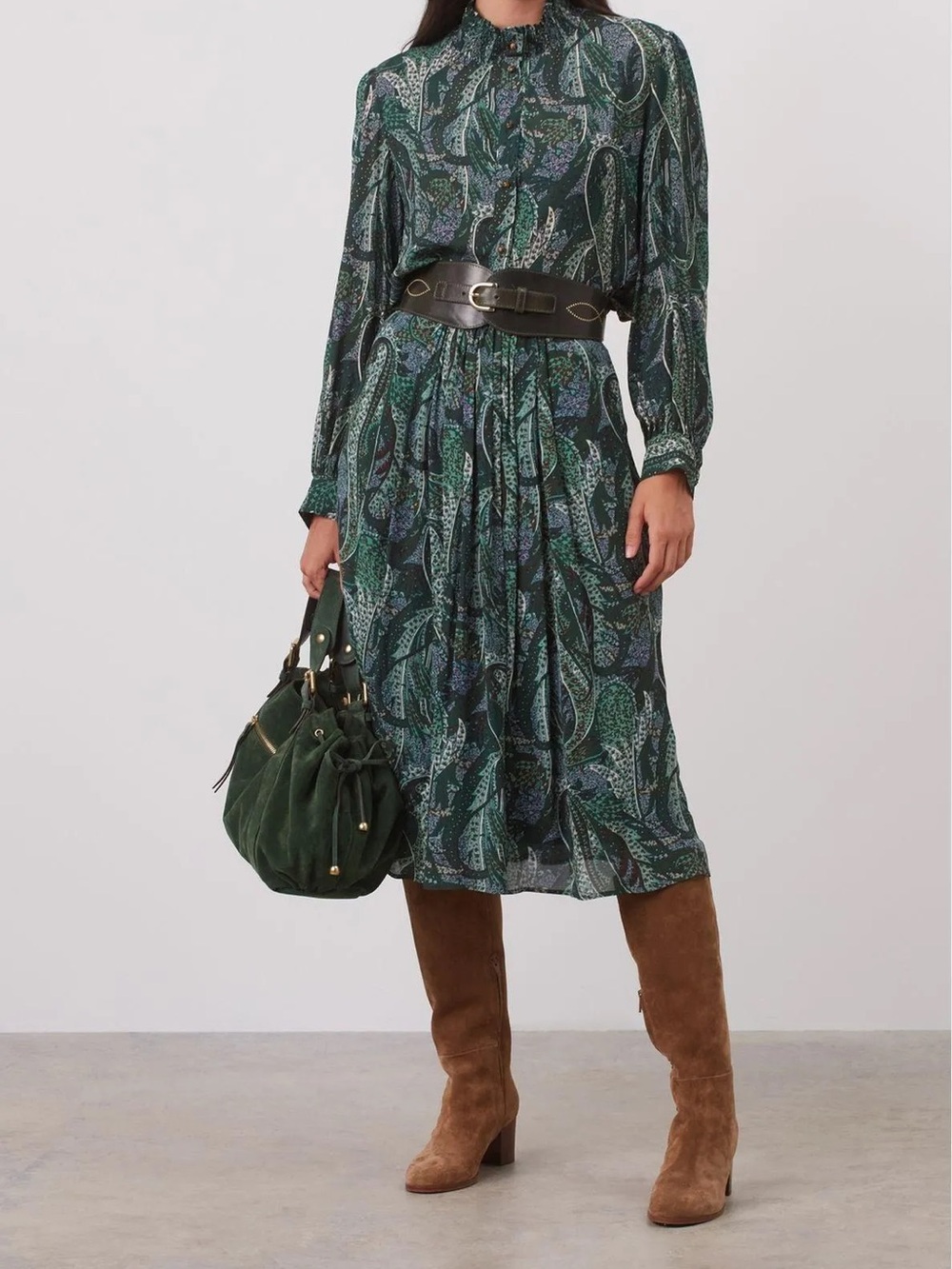 Gerard Darel Paris Silk Feel Paisley Midi Dress Green Boho Long Sleeve Size 36